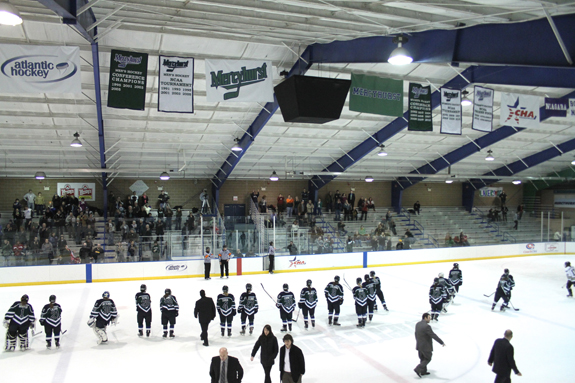 Ethan Magoc photo: Mercyhurst College's women's hockey team salutes its fans following a 3-1 win against Wayne State on Saturday, Feb. 5, 2011, at the Mercyhurst Ice Center.
